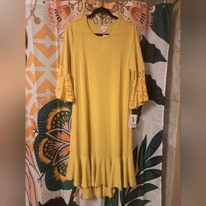 LuLaRoe Maurine Mustard Yellow Lace-Sleeve Midi Dress